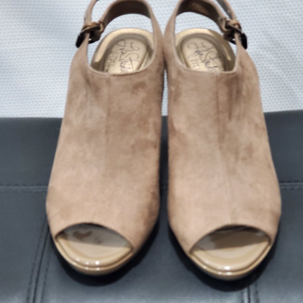 Life Stride Taupe Suede Peep-Toe Slingback Heels